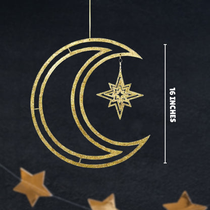 3D Moon & Star Hanging Decoration Golden- 1PC