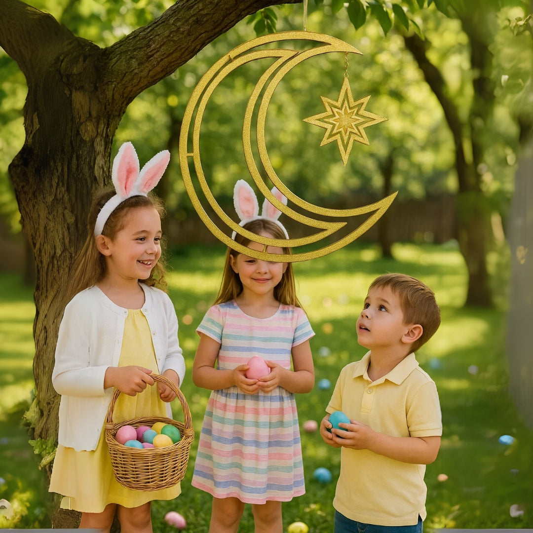 3D Moon & Star Hanging Decoration Golden- 1PC