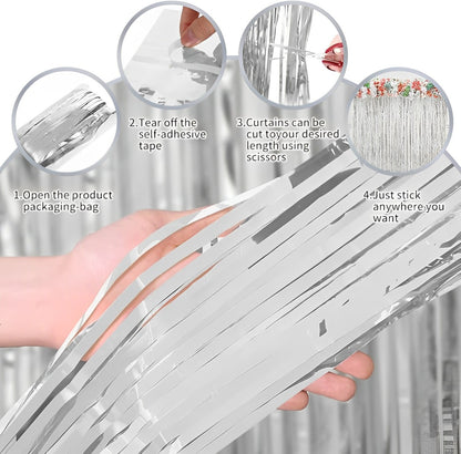 3Pcs Silver Metallic Tinsel Foil Fringe Curtains, 3.28ft x 6.56ft Silver Photo Booth Backdrop Streamer Curtain, Great for Bachelorette, Birthday,Christmas, New Year Party Decorations