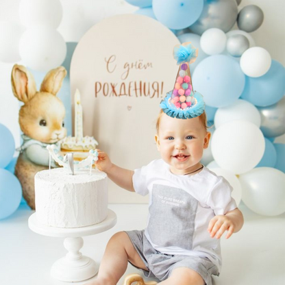 Blue Transparent Party Paper Hat w/ Multicolor Pom Pom - 1PC