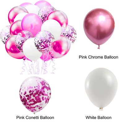 Hot Pink Happy Birthday Cursive Banner w/ White & Pink Confetti Balloons and Wall Hooks Birthday Combo - Set of  13PC