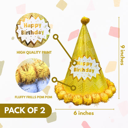 Happy Birthday Party Hats w/ Shiny Checkered Print & Pom Pom - 2PC