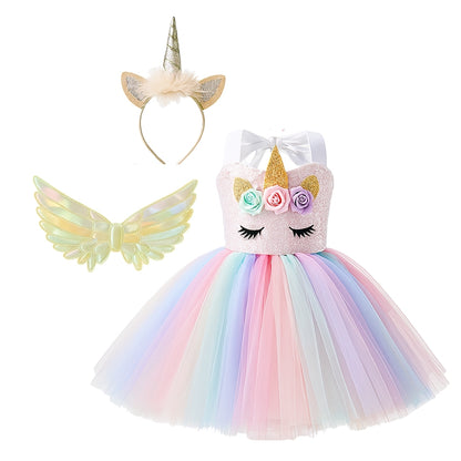 Unicorn Girls Costume w/Hair Band and Wings - Size S - Age 3 to 5