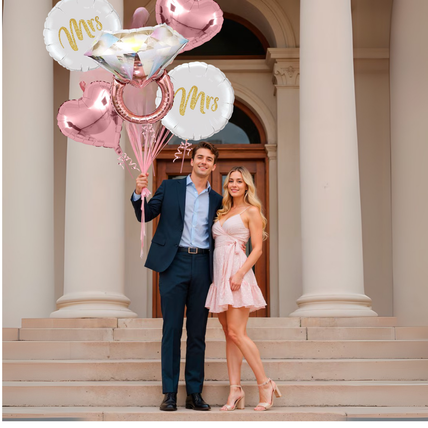 Bachorlette Party Silver & Pink Ring Balloon Set w/ Mr &Mrs Balloon  - 5PC
