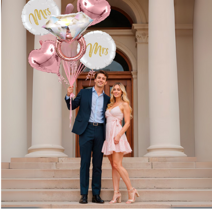 Bachorlette Party Silver & Pink Ring Balloon Set w/ Mr &Mrs Balloon  - 5PC