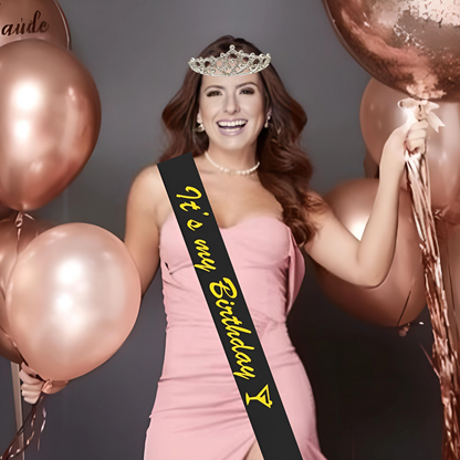 Its My Birthday Black Sash & Crown w/ Rhinestone Combo - 2PC