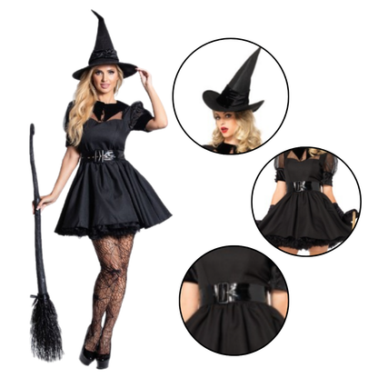 Sexy Witch Black Dress for Adults w/ Witch Hat, Belt & Gloves