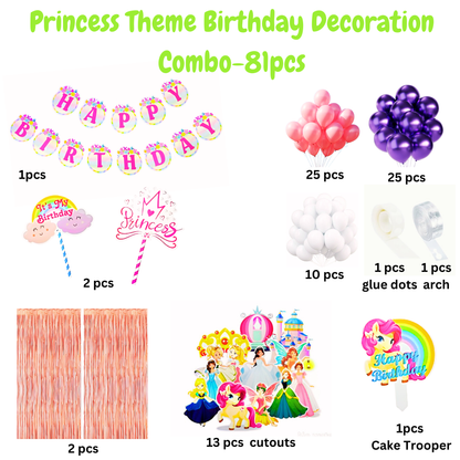 Princess Theme Happy Birthday Balloon Garland & Banner Comobo -  Set of 71PC