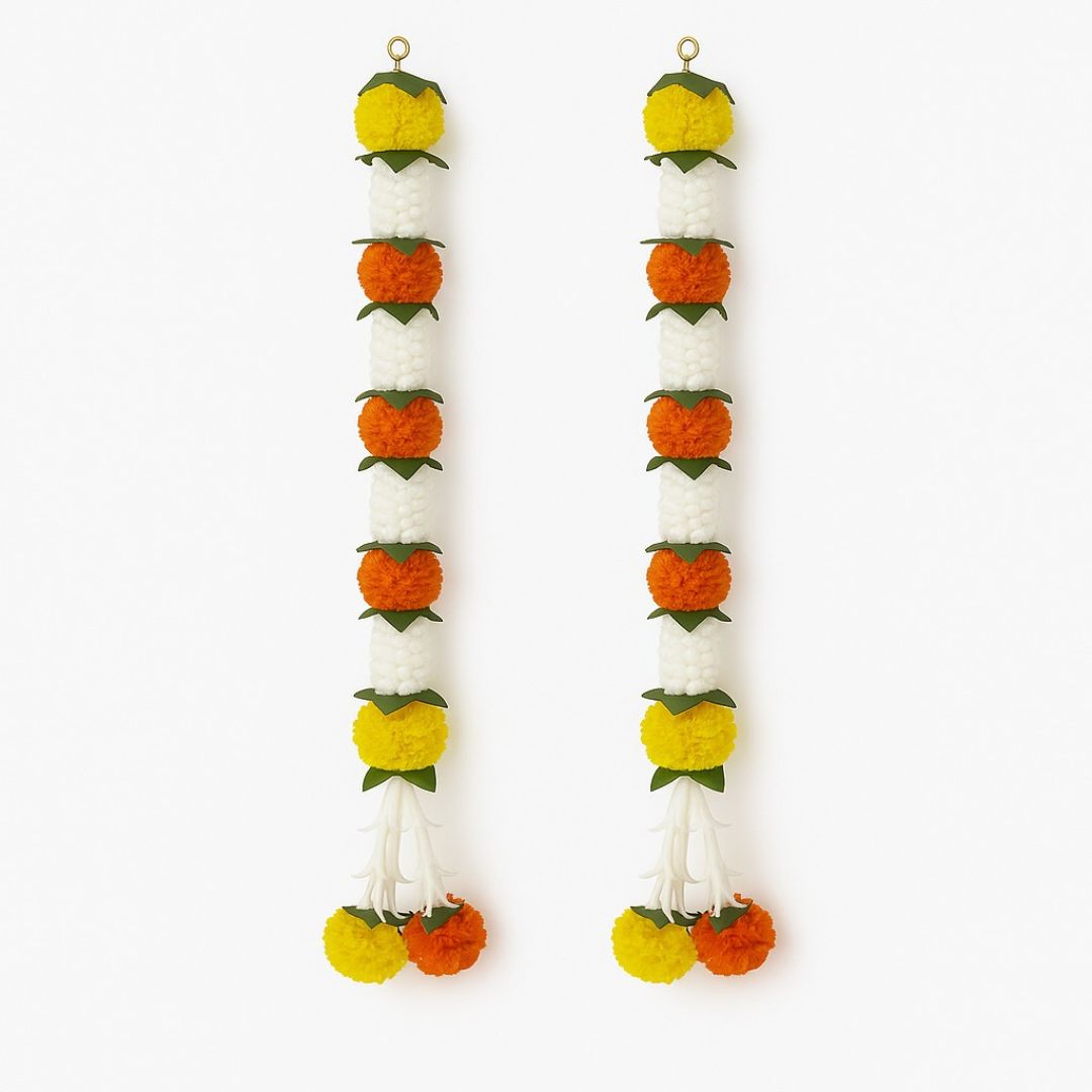 Artificial Orange & Yellow Marigold Flower with White Mogra and Folded Mango Leaves - 2PC
