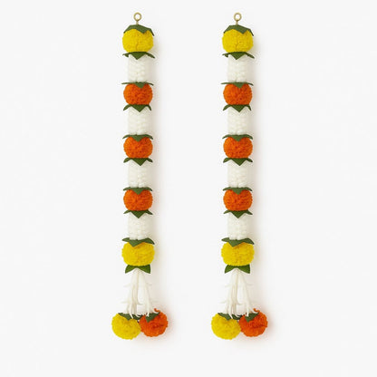 Artificial Orange & Yellow Marigold Flower with White Mogra and Folded Mango Leaves - 2PC