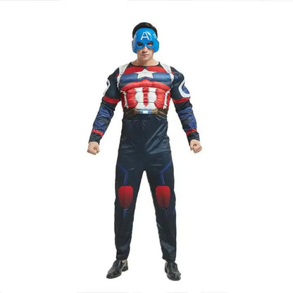 Muscular Captain America Costume with Jumpsuit and Mask for Adults - Size L