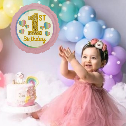 1st Birthday Pink and Gold Foil Balloon 18 Inch - Round Birthday Balloon for Party Decor - Air and Helium Supported - 1 Pc