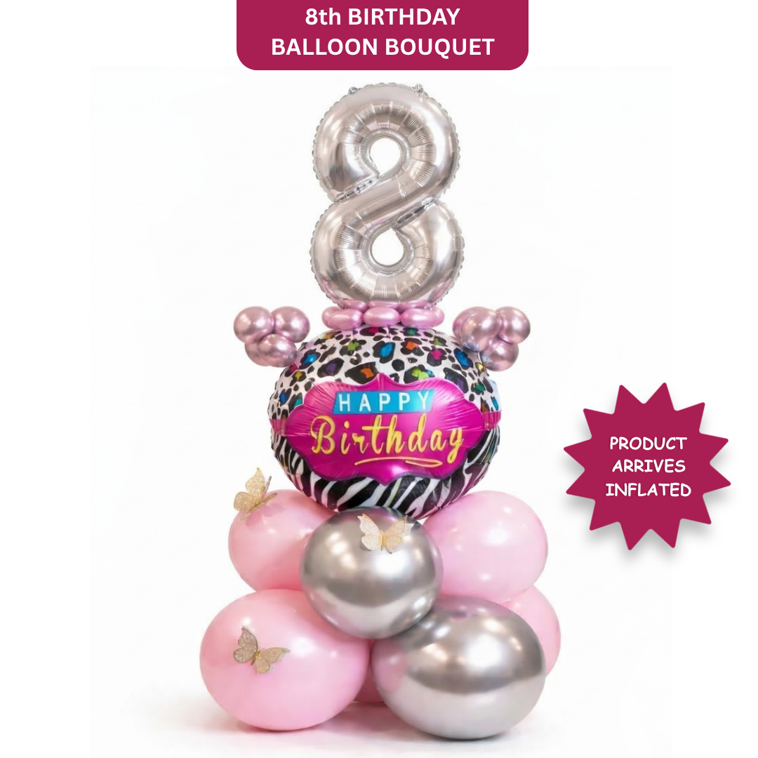 Designer Pink & Silver Balloon Bouquet Arrangement with 3D Butterflies for 8th Birthday