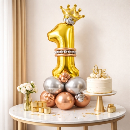 Royal 1st Birthday Large Golden Air Filled Balloon Bouquet Arrangement with Rose Gold & Silver Balloons