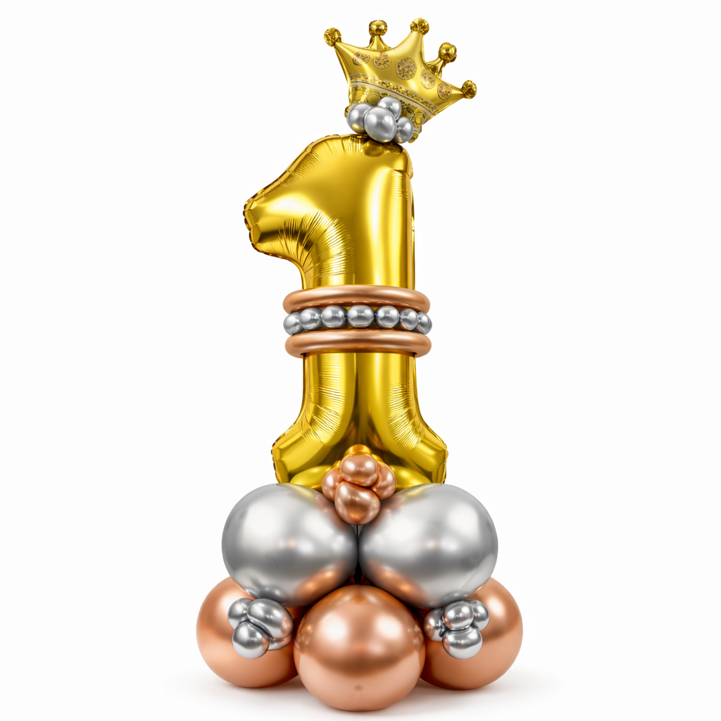 Royal 1st Birthday Large Golden Air Filled Balloon Bouquet Arrangement with Rose Gold & Silver Balloons