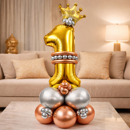 Royal 1st Birthday Large Golden Air Filled Balloon Bouquet Arrangement with Rose Gold & Silver Balloons