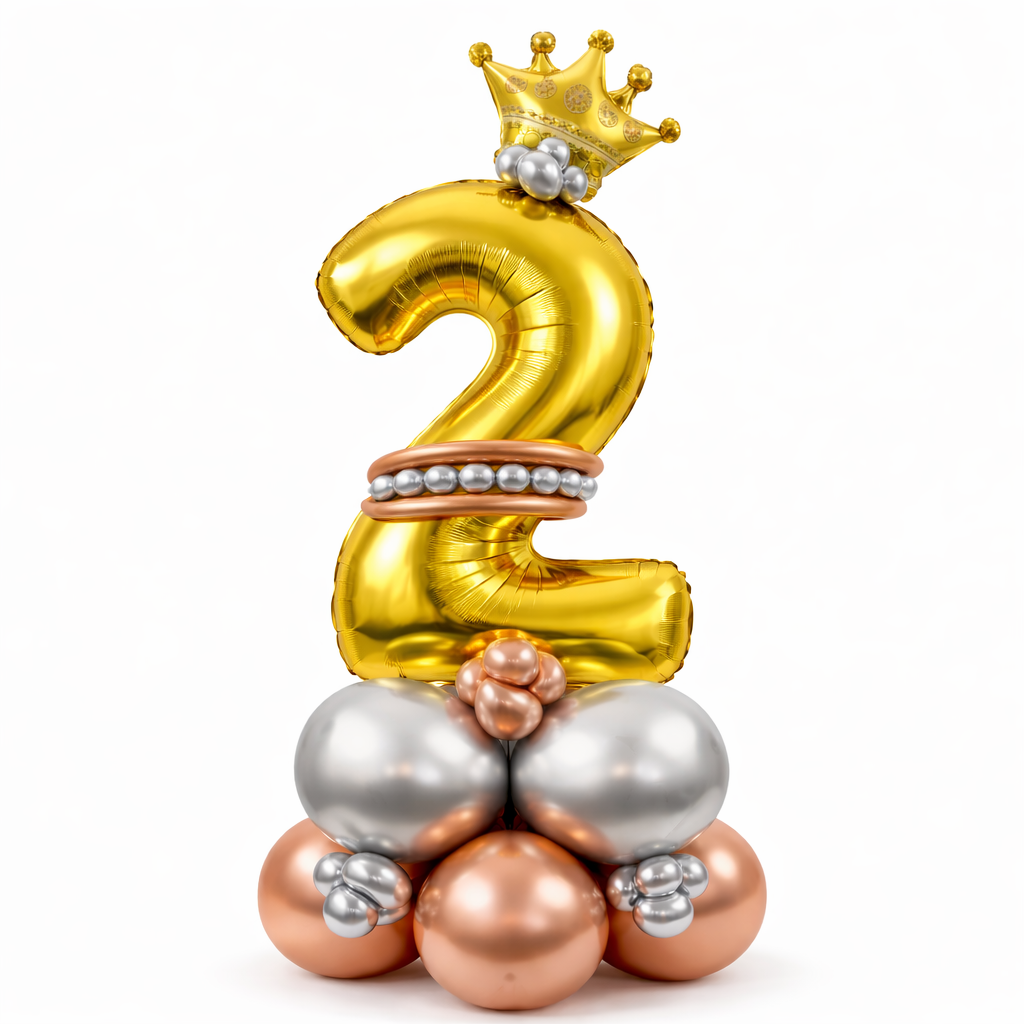 Royal 2nd Birthday Large Golden Air Filled Balloon Bouquet Arrangement with Rose Gold & Silver Balloons