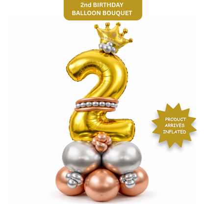 Royal 2nd Birthday Large Golden Air Filled Balloon Bouquet Arrangement with Rose Gold & Silver Balloons