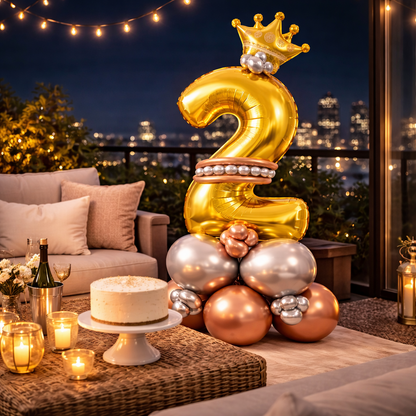 Royal 2nd Birthday Large Golden Air Filled Balloon Bouquet Arrangement with Rose Gold & Silver Balloons