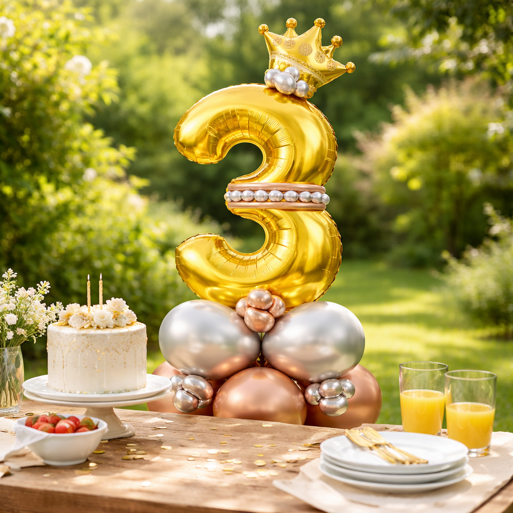 Royal 3rd Birthday Large Golden Air Filled Balloon Bouquet Arrangement with Rose Gold & Silver Balloons