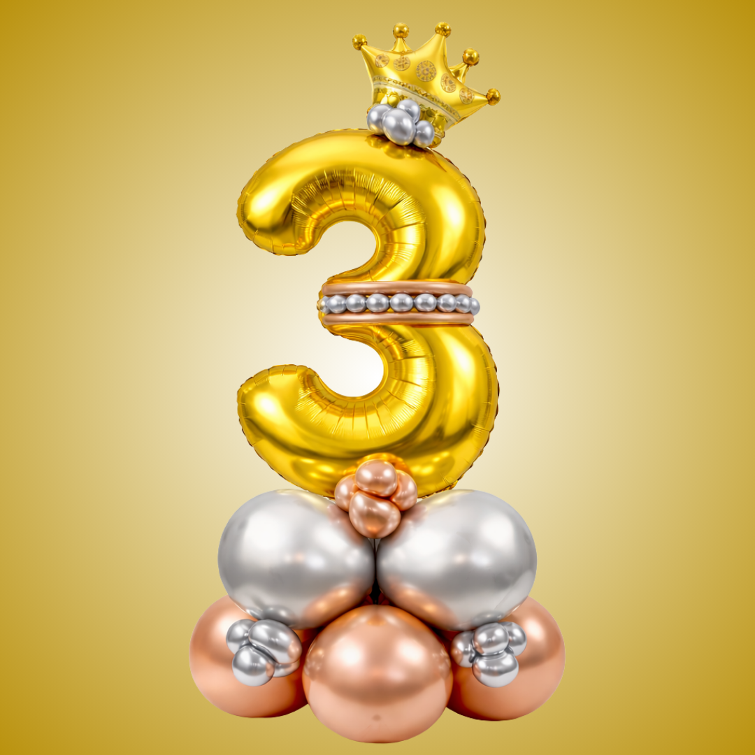 Royal 3rd Birthday Large Golden Air Filled Balloon Bouquet Arrangement with Rose Gold & Silver Balloons