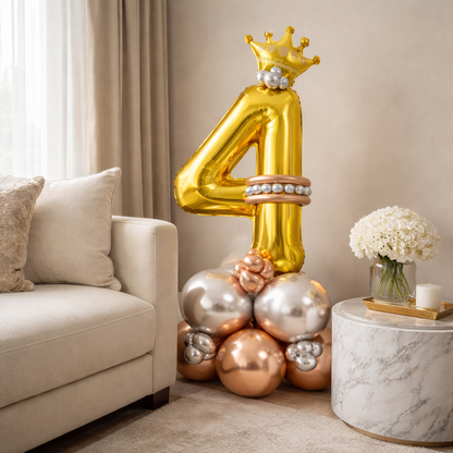 Royal 4th Birthday Large Golden Air Filled Balloon Bouquet Arrangement with Rose Gold & Silver Balloons