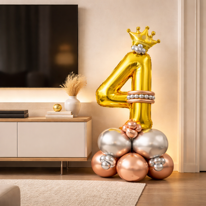Royal 4th Birthday Large Golden Air Filled Balloon Bouquet Arrangement with Rose Gold & Silver Balloons