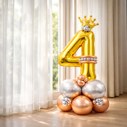 Royal 4th Birthday Large Golden Air Filled Balloon Bouquet Arrangement with Rose Gold & Silver Balloons