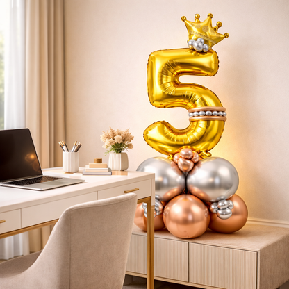 Royal 5th Birthday Large Golden Air Filled Balloon Bouquet Arrangement with Rose Gold & Silver Balloons