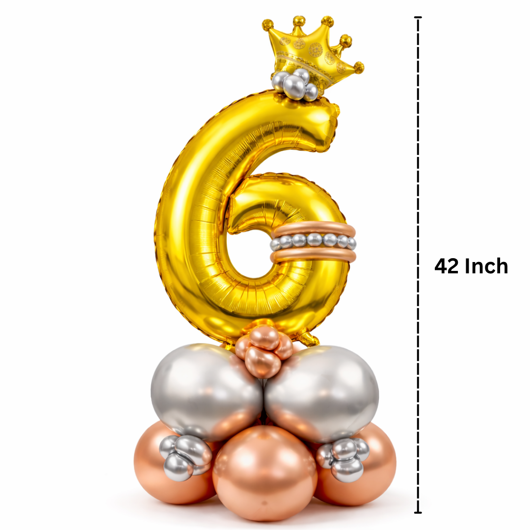 Royal 6th Birthday Large Golden Air Filled Balloon Bouquet Arrangement with Rose Gold & Silver Balloons
