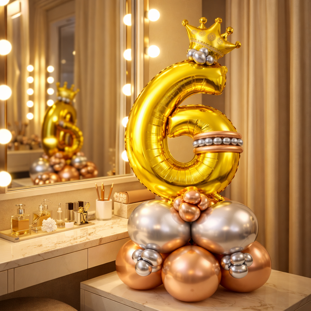 Royal 6th Birthday Large Golden Air Filled Balloon Bouquet Arrangement with Rose Gold & Silver Balloons