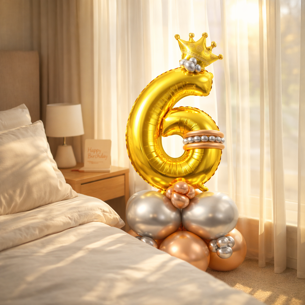 Royal 6th Birthday Large Golden Air Filled Balloon Bouquet Arrangement with Rose Gold & Silver Balloons