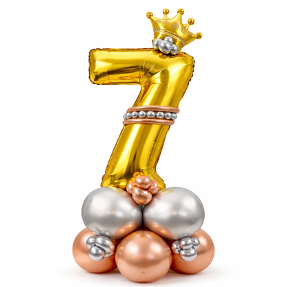 Royal 7th Birthday Large Golden Air Filled Balloon Bouquet Arrangement with Rose Gold & Silver Balloons