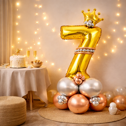 Royal 7th Birthday Large Golden Air Filled Balloon Bouquet Arrangement with Rose Gold & Silver Balloons
