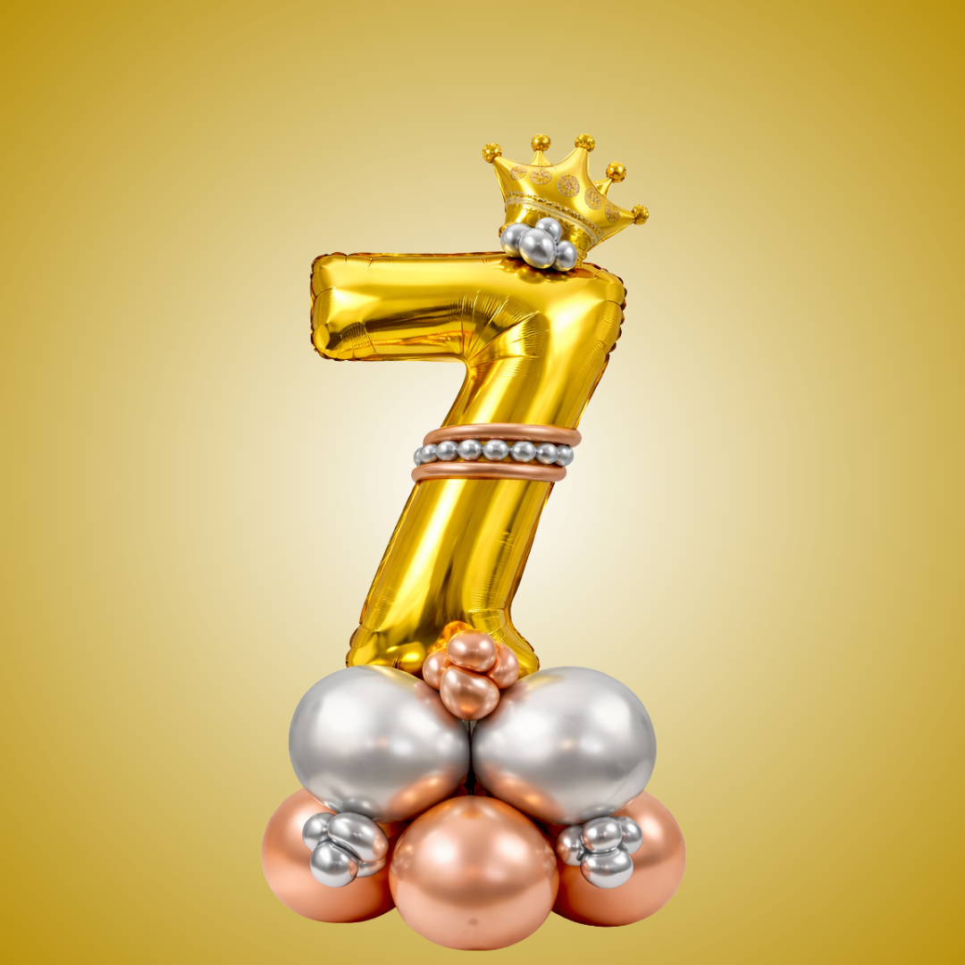 Royal 7th Birthday Large Golden Air Filled Balloon Bouquet Arrangement with Rose Gold & Silver Balloons