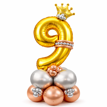 Royal 9th Birthday Large Golden Air Filled Balloon Bouquet Arrangement with Rose Gold & Silver Balloons