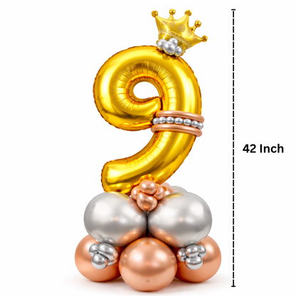 Royal 9th Birthday Large Golden Air Filled Balloon Bouquet Arrangement with Rose Gold & Silver Balloons