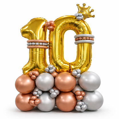 Signature 10th Birthday Large Golden Air Filled Balloon Bouquet Arrangement with Rose Gold & Silver Balloons