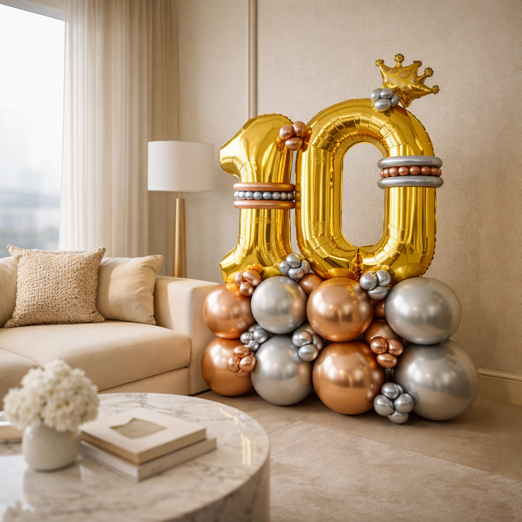 Signature 10th Birthday Large Golden Air Filled Balloon Bouquet Arrangement with Rose Gold & Silver Balloons