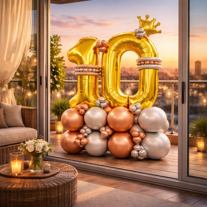 Signature 10th Birthday Large Golden Air Filled Balloon Bouquet Arrangement with Rose Gold & Silver Balloons