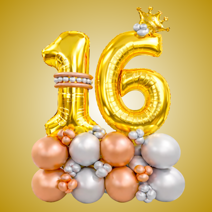 Signature 16th Birthday Large Golden Air Filled Balloon Bouquet Arrangement with Rose Gold & Silver Balloons