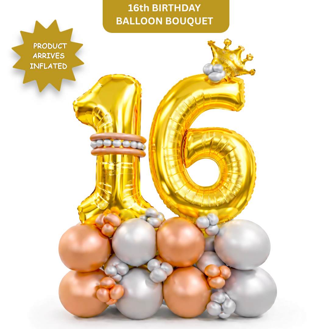 Signature 16th Birthday Large Golden Air Filled Balloon Bouquet Arrangement with Rose Gold & Silver Balloons