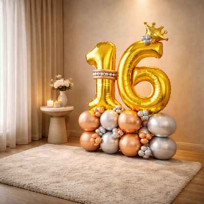 Signature 16th Birthday Large Golden Air Filled Balloon Bouquet Arrangement with Rose Gold & Silver Balloons