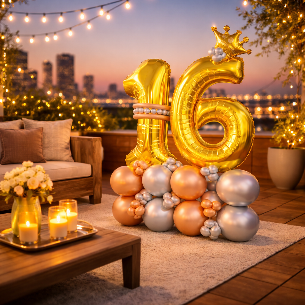 Signature 16th Birthday Large Golden Air Filled Balloon Bouquet Arrangement with Rose Gold & Silver Balloons
