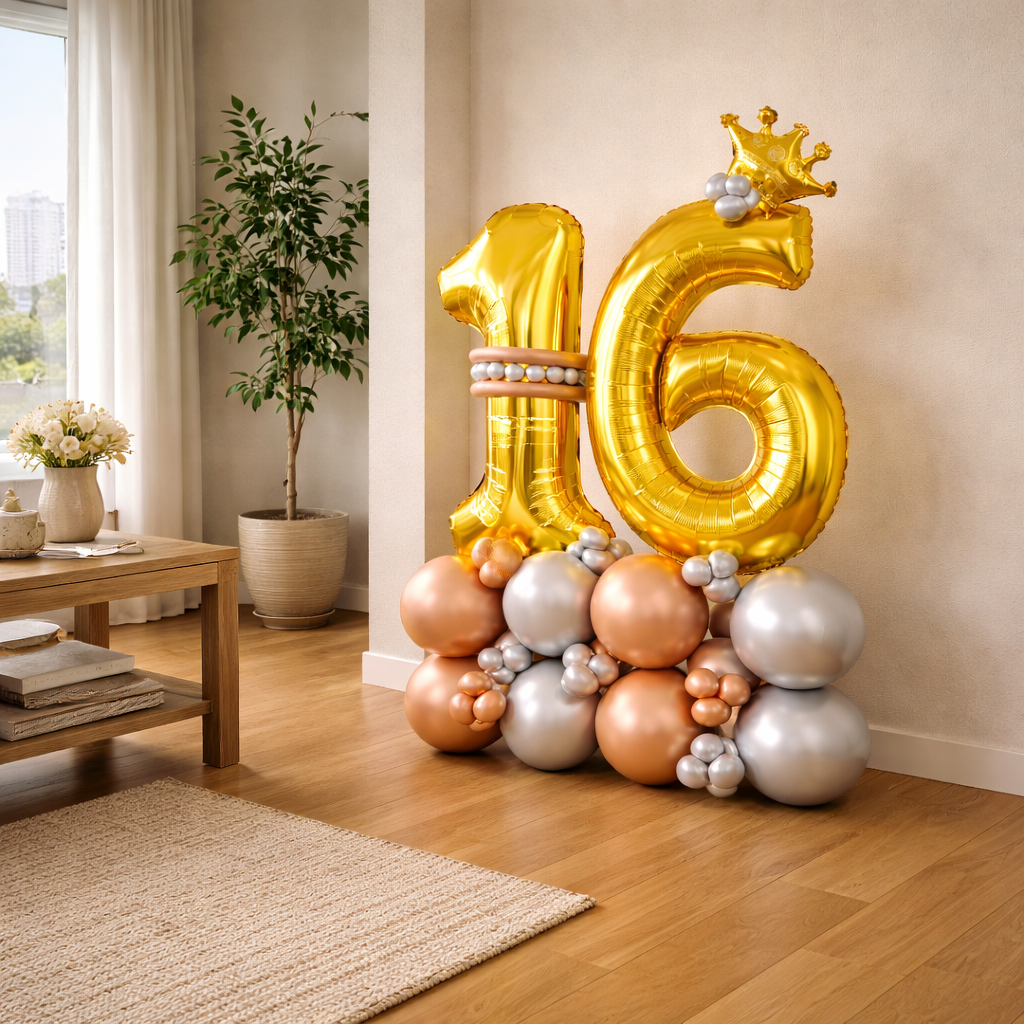 Signature 16th Birthday Large Golden Air Filled Balloon Bouquet Arrangement with Rose Gold & Silver Balloons