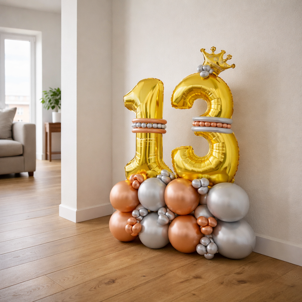 Signature 13th Birthday Large Golden Air Filled Balloon Bouquet Arrangement with Rose Gold & Silver Balloons