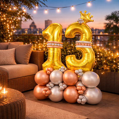 Signature 13th Birthday Large Golden Air Filled Balloon Bouquet Arrangement with Rose Gold & Silver Balloons