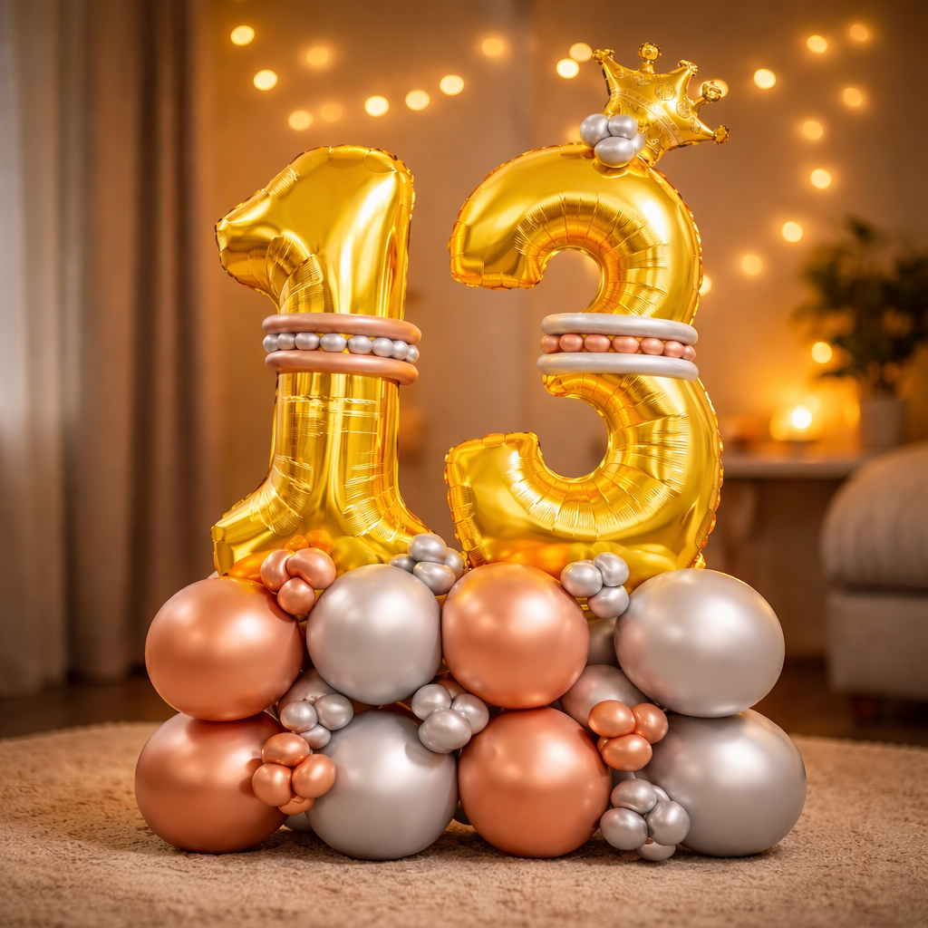 Signature 13th Birthday Large Golden Air Filled Balloon Bouquet Arrangement with Rose Gold & Silver Balloons