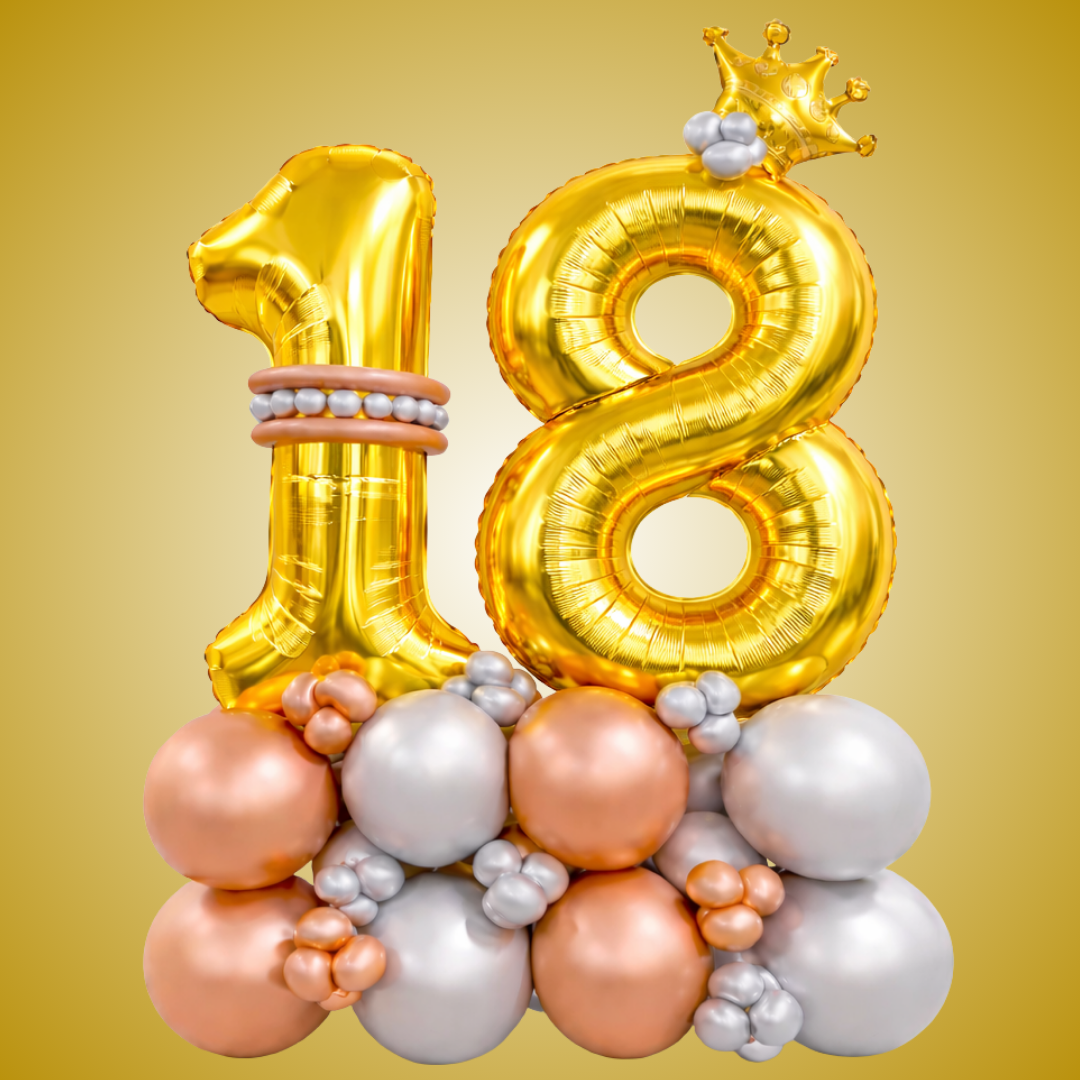 Signature 18th Birthday Large Golden Air Filled Balloon Bouquet Arrangement with Rose Gold & Silver Balloons