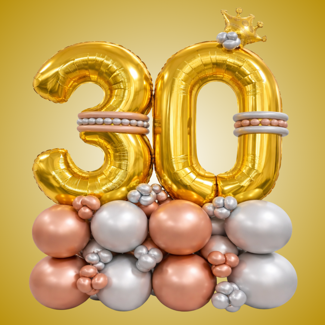 Signature 30th Birthday Large Golden Air Filled Balloon Bouquet Arrangement with Rose Gold & Silver Balloons